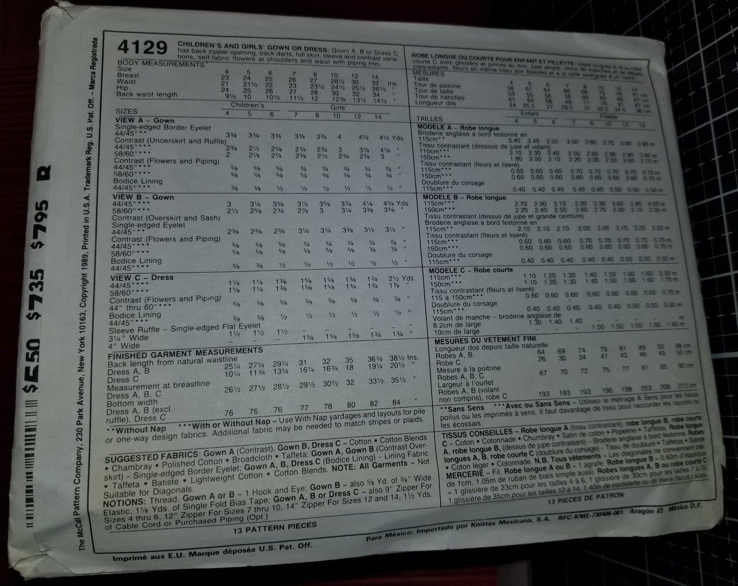 McCalls 4129 Pattern Vintage Children And Girl Gown Or Dress