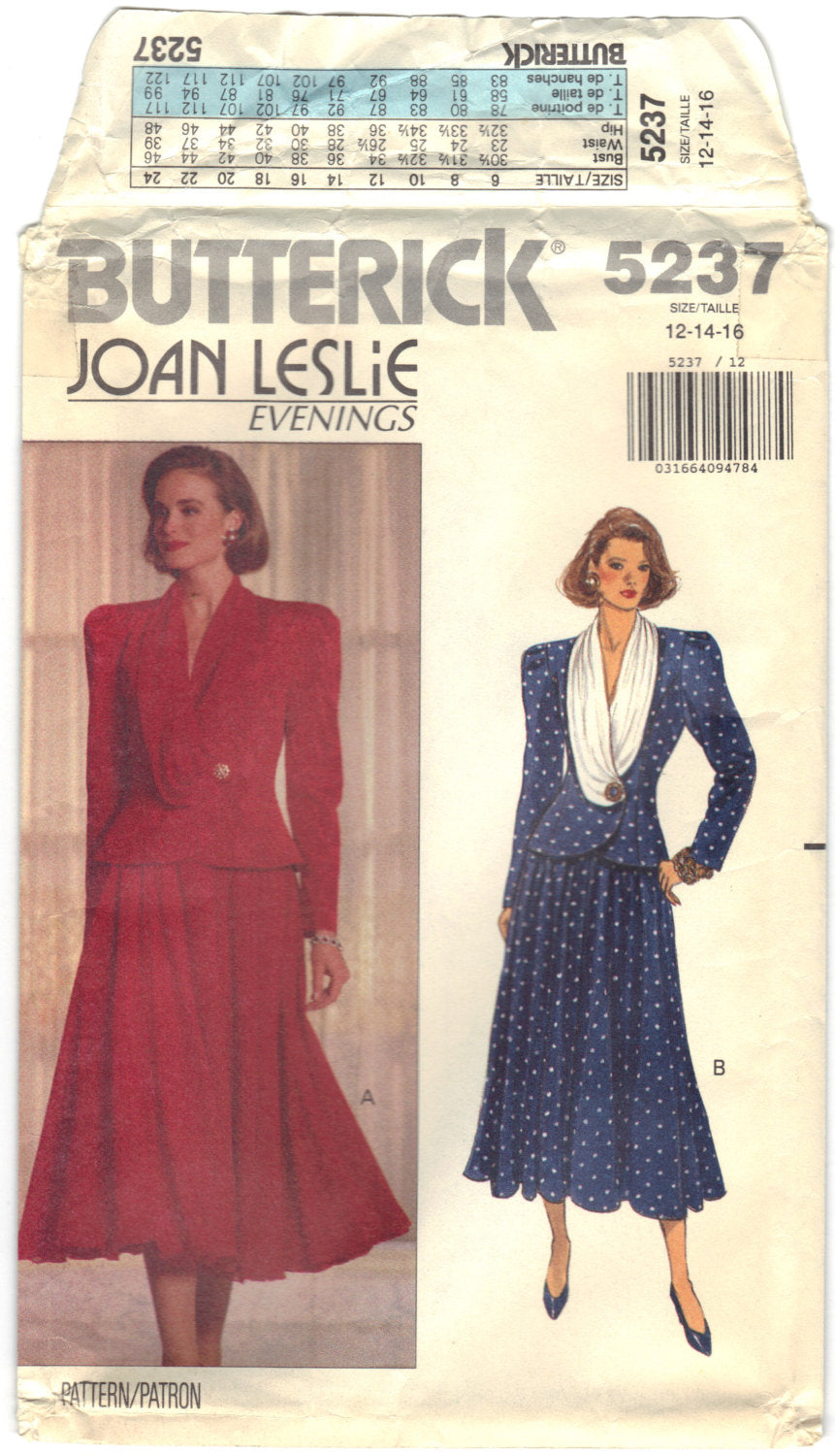 Butterick 5237 Pattern Vintage Misses Top With Softly Tucked Collar and Skirt