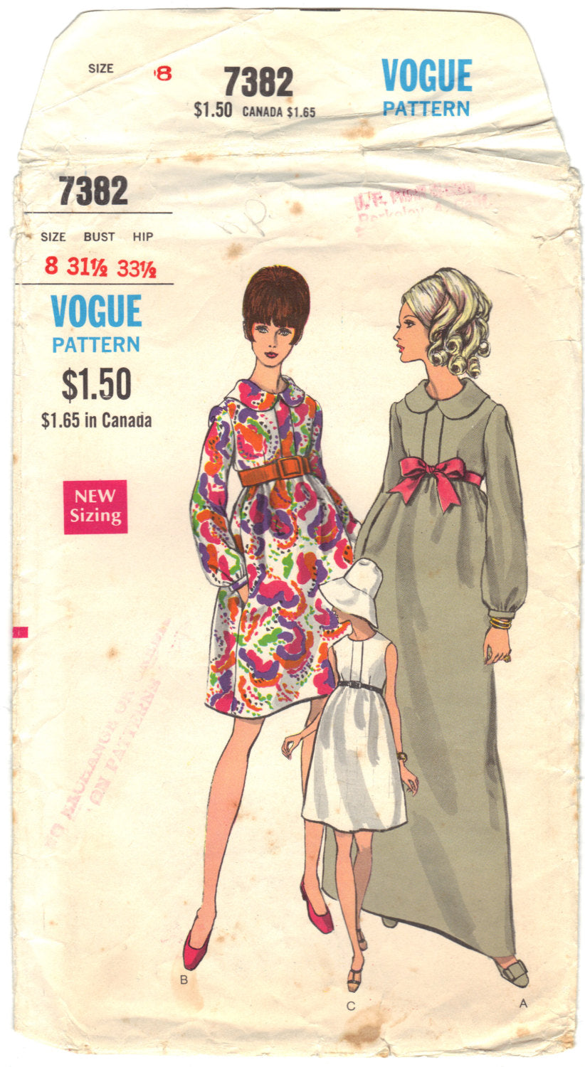 Vogue 7382 Pattern Vintage Maternity One-Piece Dress in Two Lengths