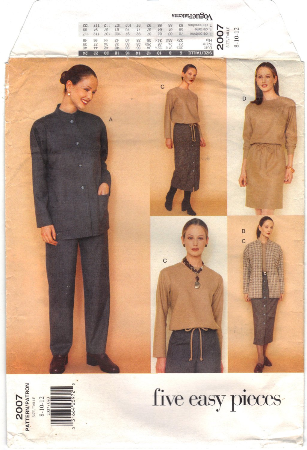 Vogue 2007 Pattern Vintage Misses Jacket, Dress, Top, Skirt & Pants