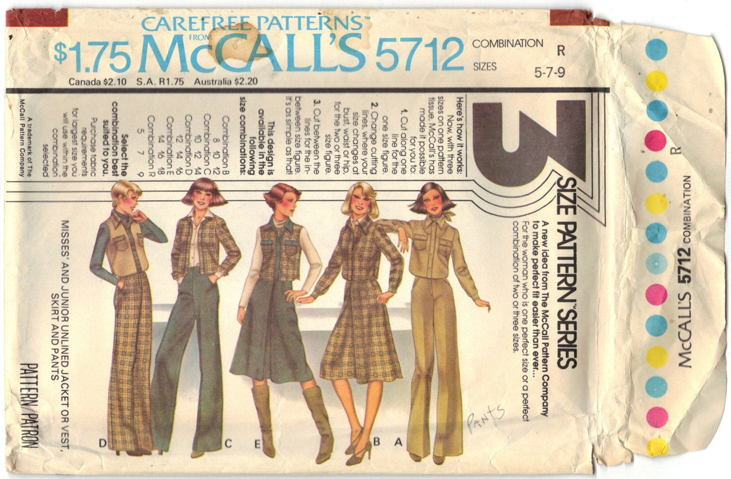 McCalls 5712 Pattern Vintage Misses and Junior Unlined Jacket or Vest, Skirt and Pants