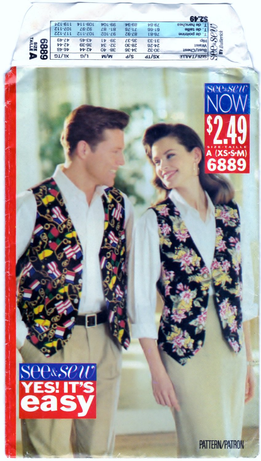 Butterick See and Sew 6889 Pattern Vintage Unisex Lined Vest