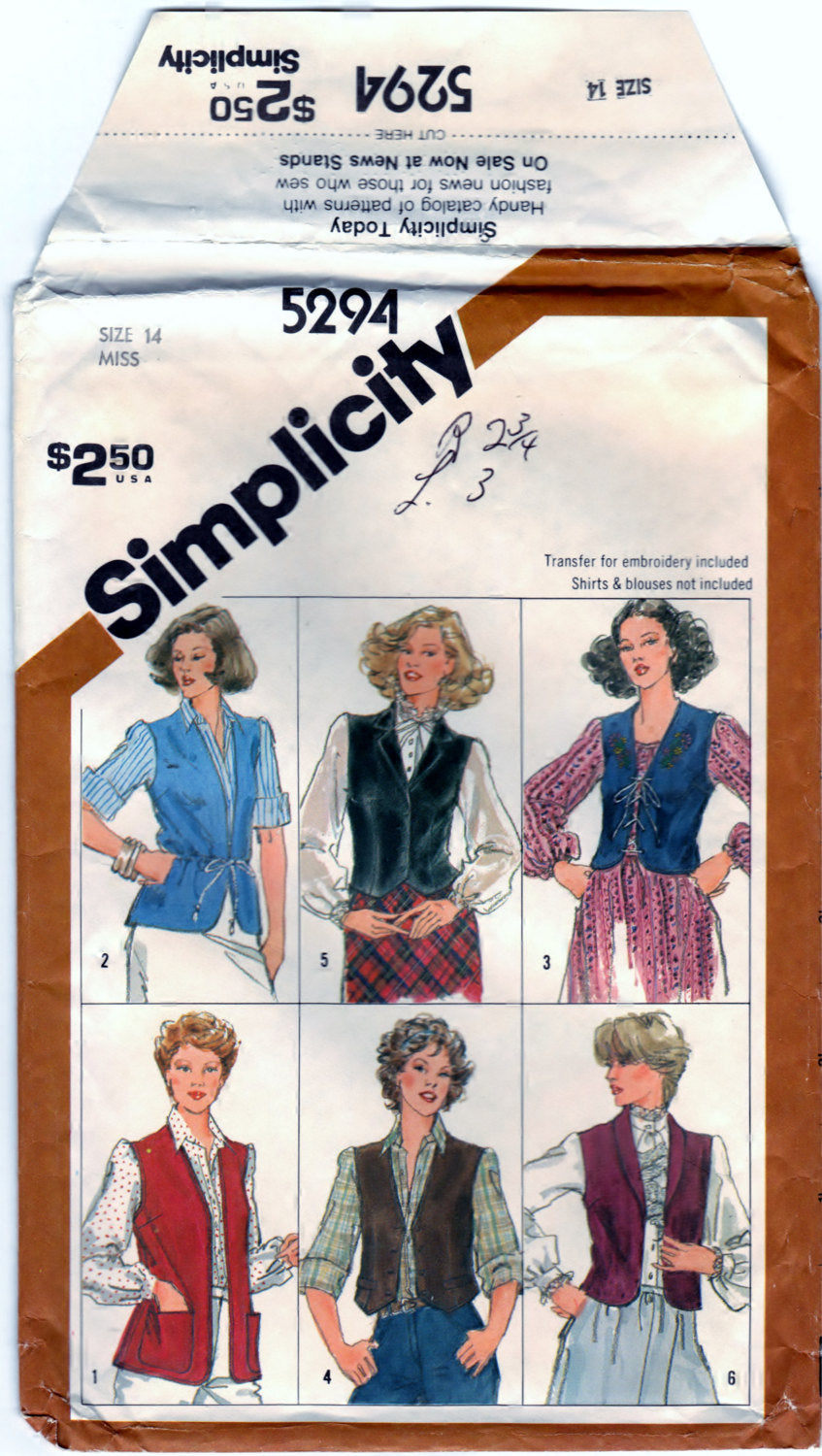 Simplicity 5294 Pattern Vintage Misses Set of Lined and Unlined Vests