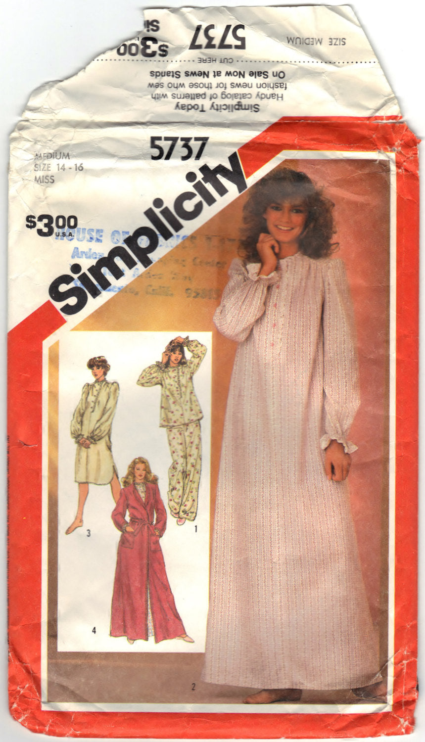 Simplicity 5737 Pattern Vintage Misses Nightgown In Two Lengths, Pajamas And Robe