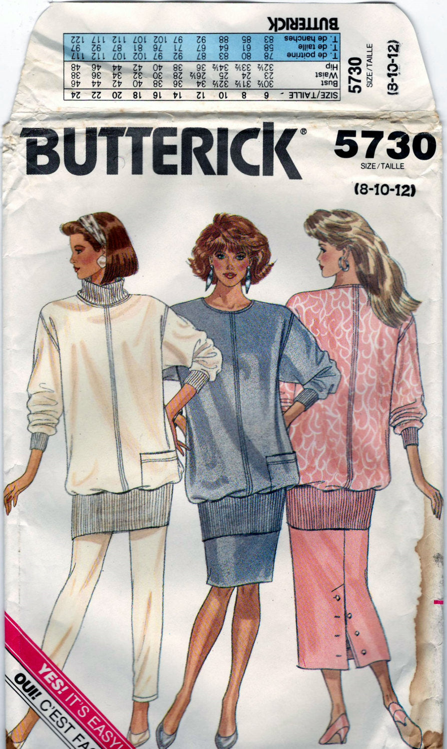 Butterick 5730 Pattern Vintage Misses Petite Top, Skirt And Pants