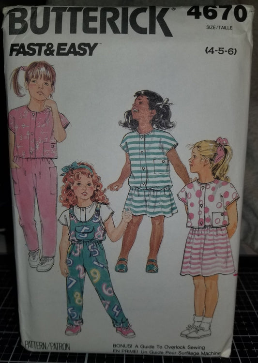 Butterick Fast&Easy 4670 Pattern Vintage Toddler Children Jumpsuit Dress Top Skirt Pants