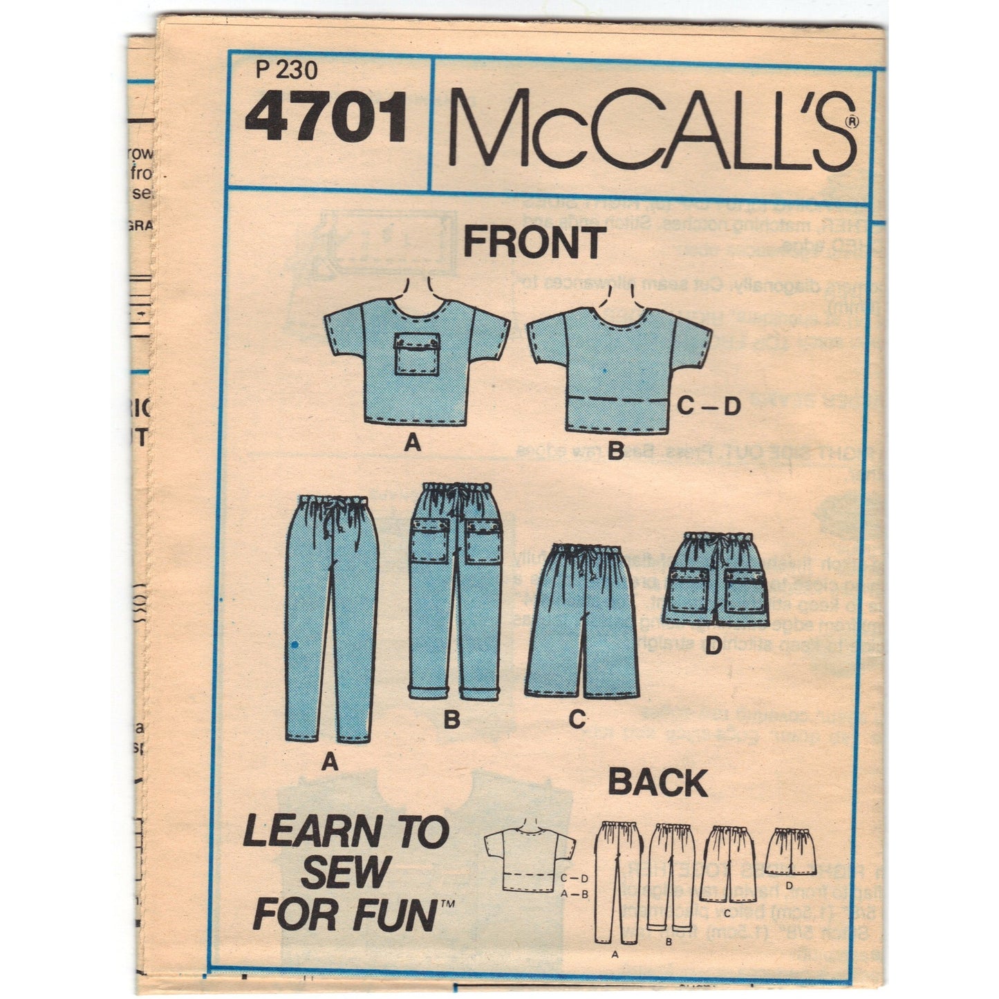 McCalls 4701 Pattern Vintage Boy and Girl Tops, Pants, and Shorts
