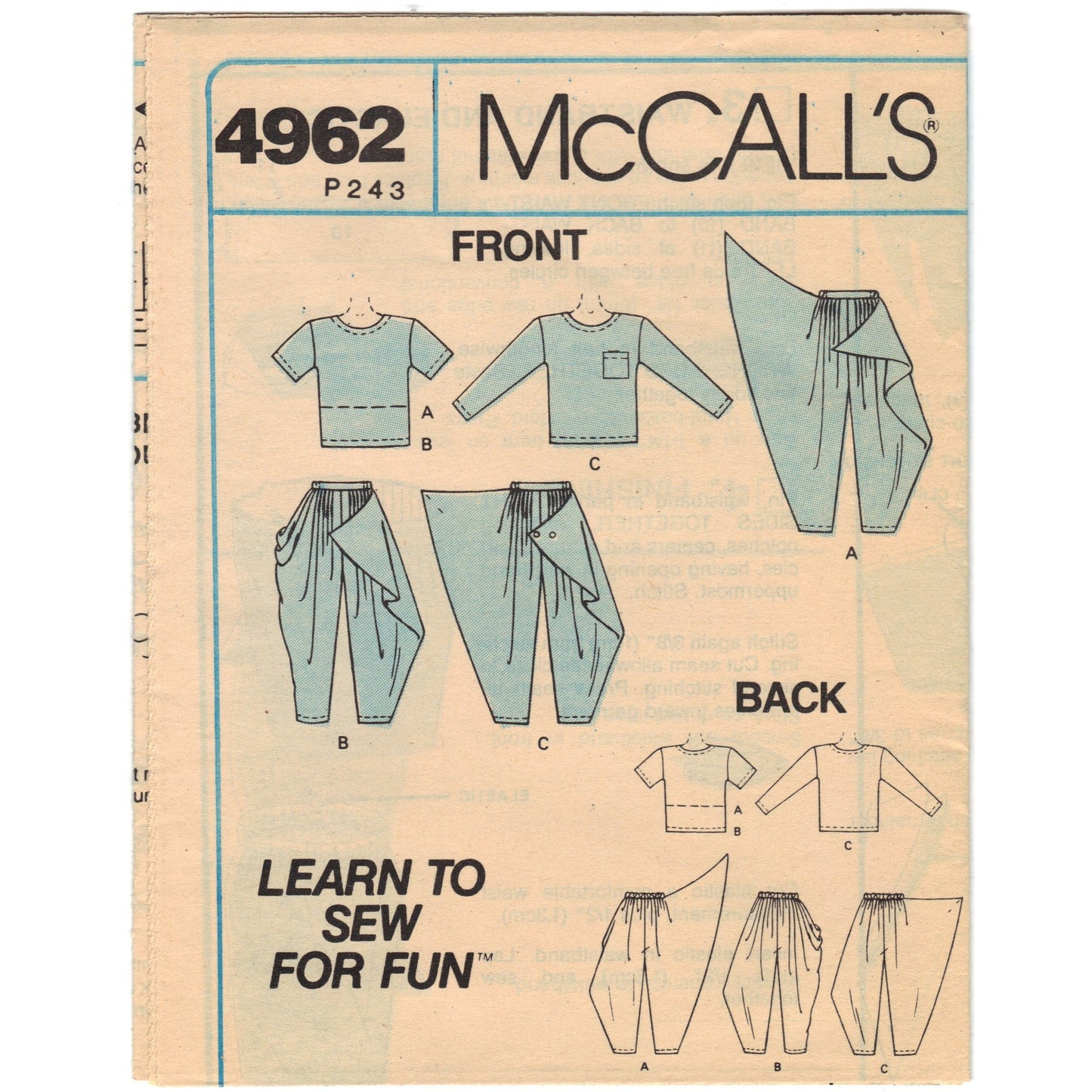 McCalls 4962 Pattern Vintage Girl Top and Pants
