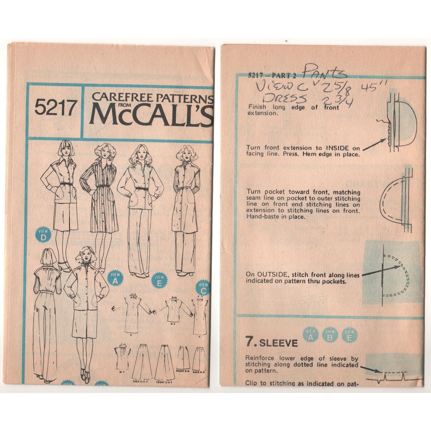 McCalls 5217 Pattern Vintage Misses Dress, Unlined Jacket or top, Skirt and Pants