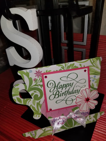 Happy Birthday Pink Green Floral Tea Cup Shaped Handmade Good Greeting Supply Card CLEARANCE