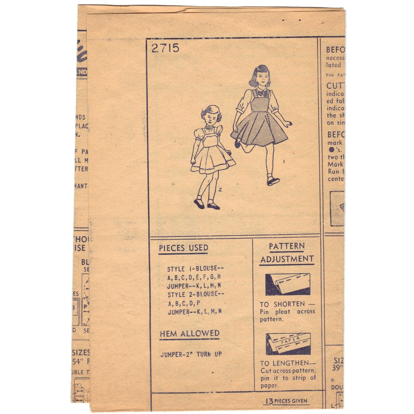 Simplicity 2715 Pattern Vintage Child Jumper and Blouse