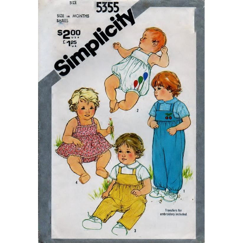 Simplicity 5355 Pattern Vintage Babies Overalls in two lengths, Shirt, Sundress And Bloomers