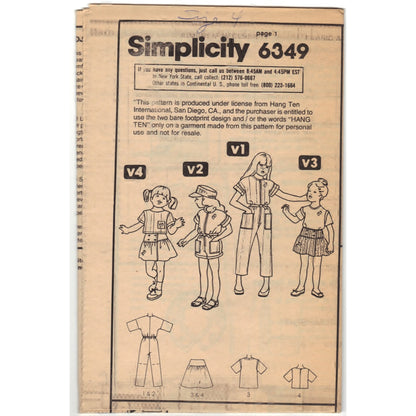 Simplicity 6349 Pattern Vintage Childs Jumpsuit, Skirt, Pullover Top And T-Shirt