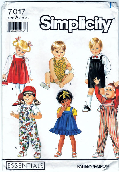 Simplicity 7017 Pattern Vintage Toddler Overalls, Sundress, Jumper, And Bubble Suit