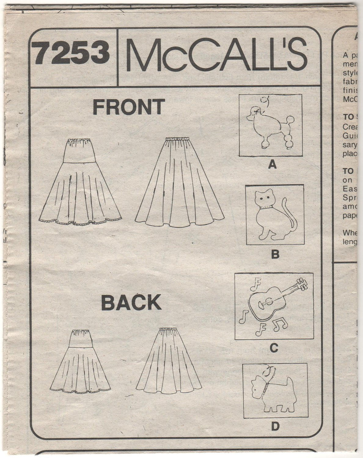 McCalls 7253 Pattern Vintage Girls and Misses Pull-on Skirt and Petticoat Costumes