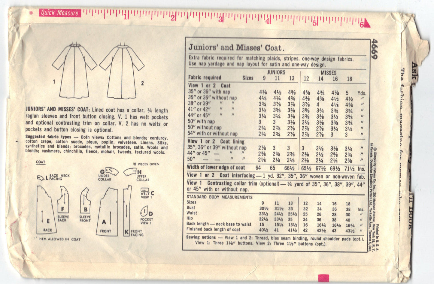 Simplicity 4669 Pattern Vintage Juniors and Misses Coat