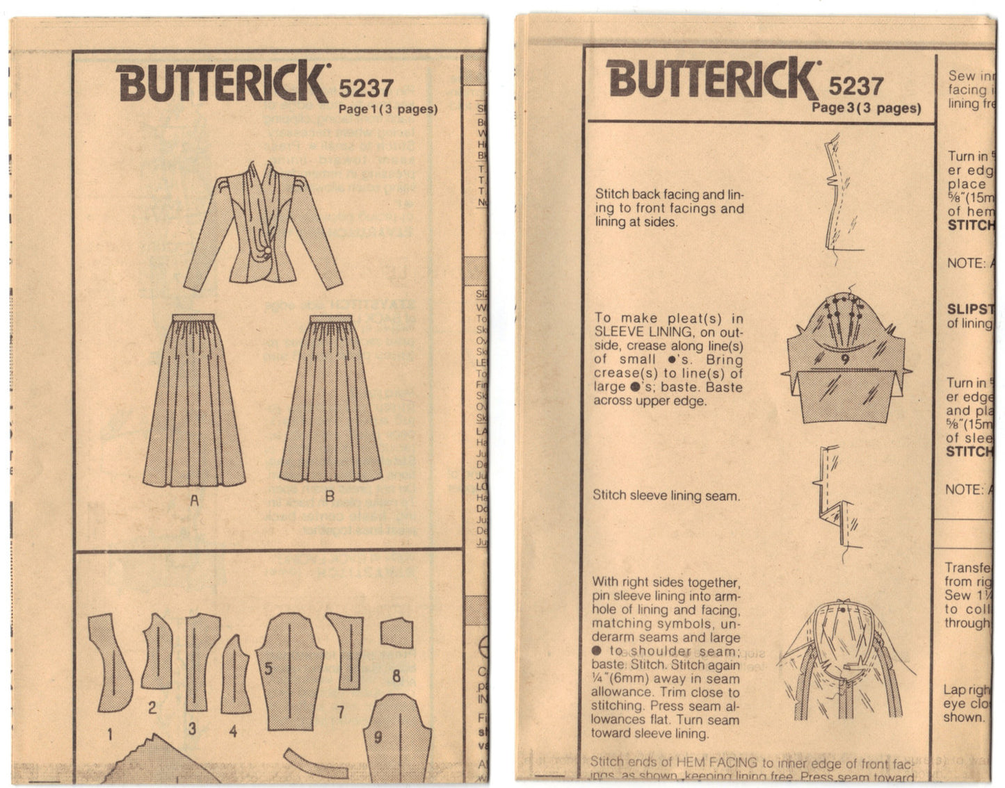 Butterick 5237 Pattern Vintage Misses Top With Softly Tucked Collar and Skirt