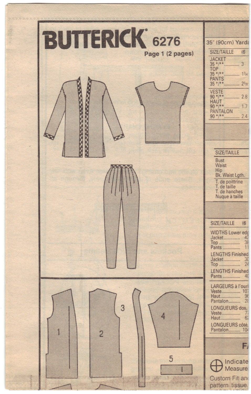 Butterick 6276 Pattern Vintage Misses Evening Separates Longer Jacket & Pull-On Pants