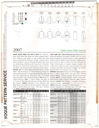 Vogue 2007 Pattern Vintage Misses Jacket, Dress, Top, Skirt & Pants