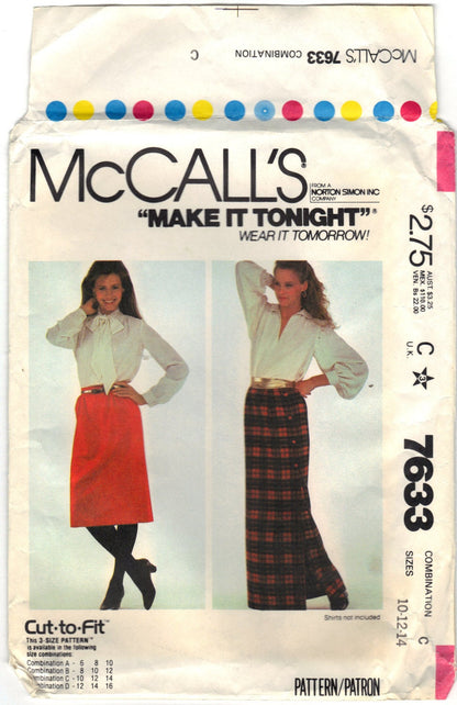 McCalls 7633 Pattern Vintage Misses Skirt