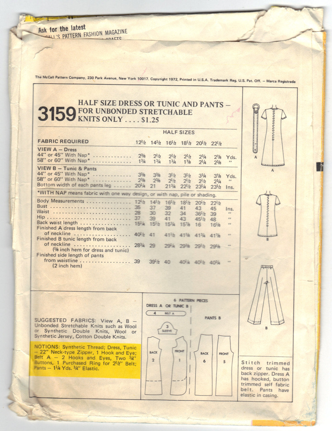 McCalls 3159 Pattern Vintage Dress, Tunic, and Pants