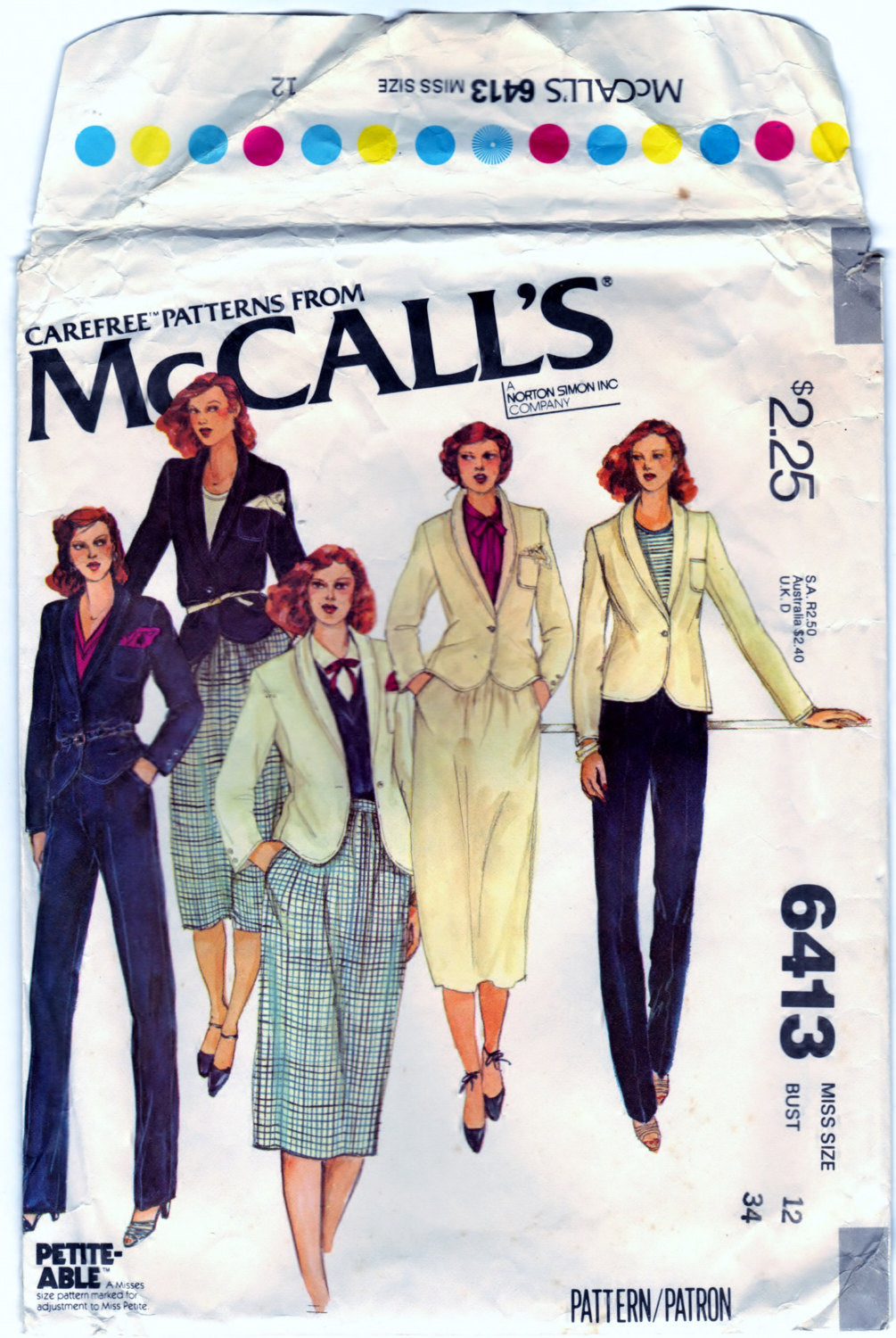 McCalls 6413 Pattern Vintage Misses Jacket, Skirt, and Trousers