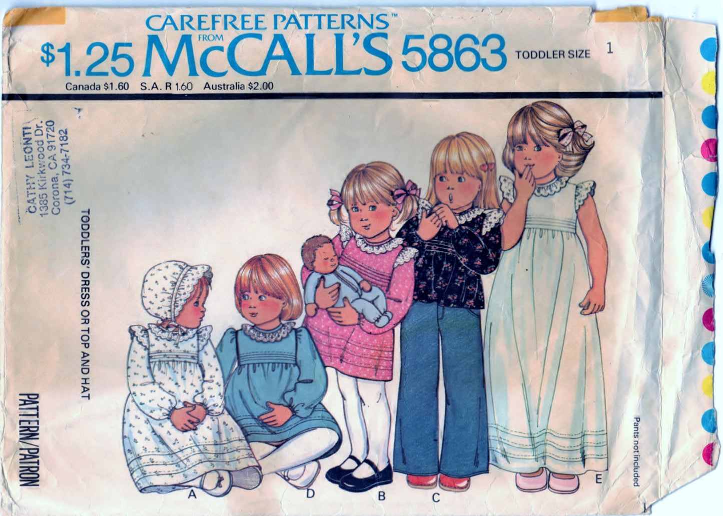McCalls 5863 Pattern Vintage Toddlers Dress Or Top And Hat