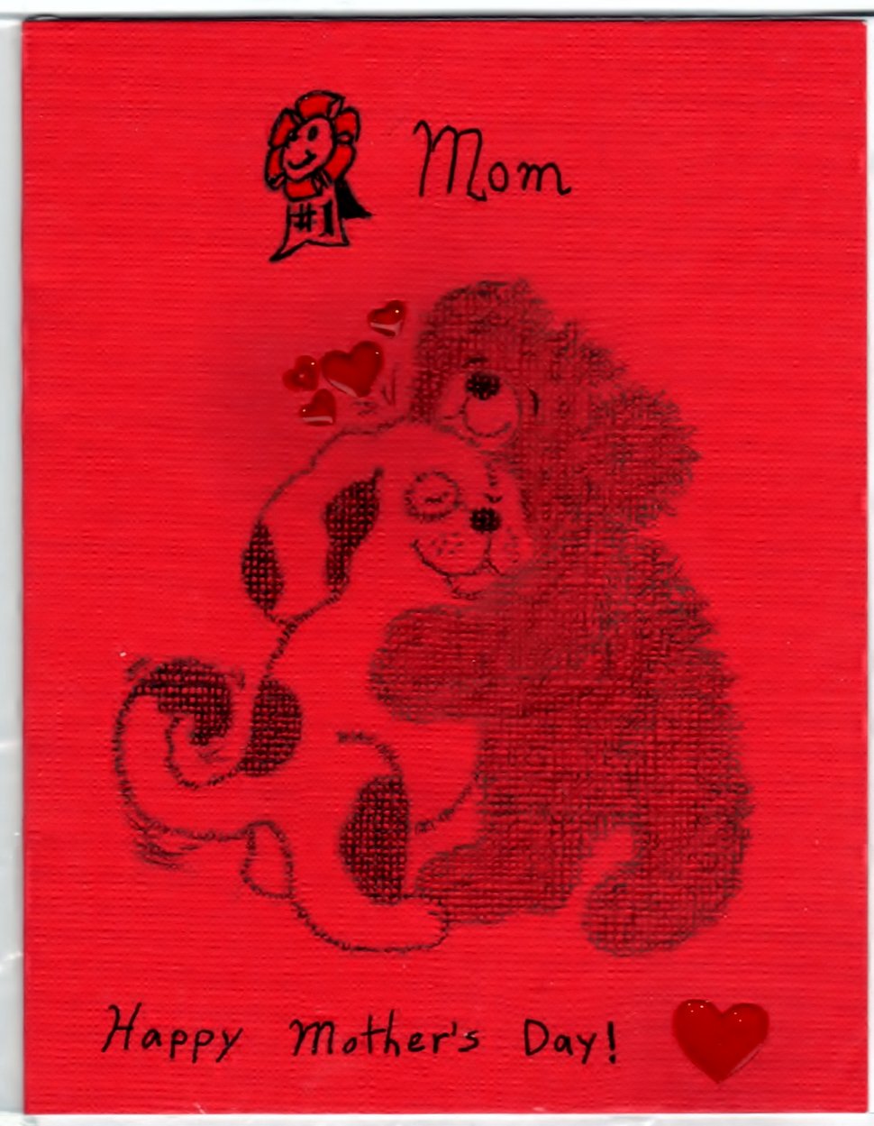 Mothers Day Handmade Hugging Dog and Bear Greeting Card